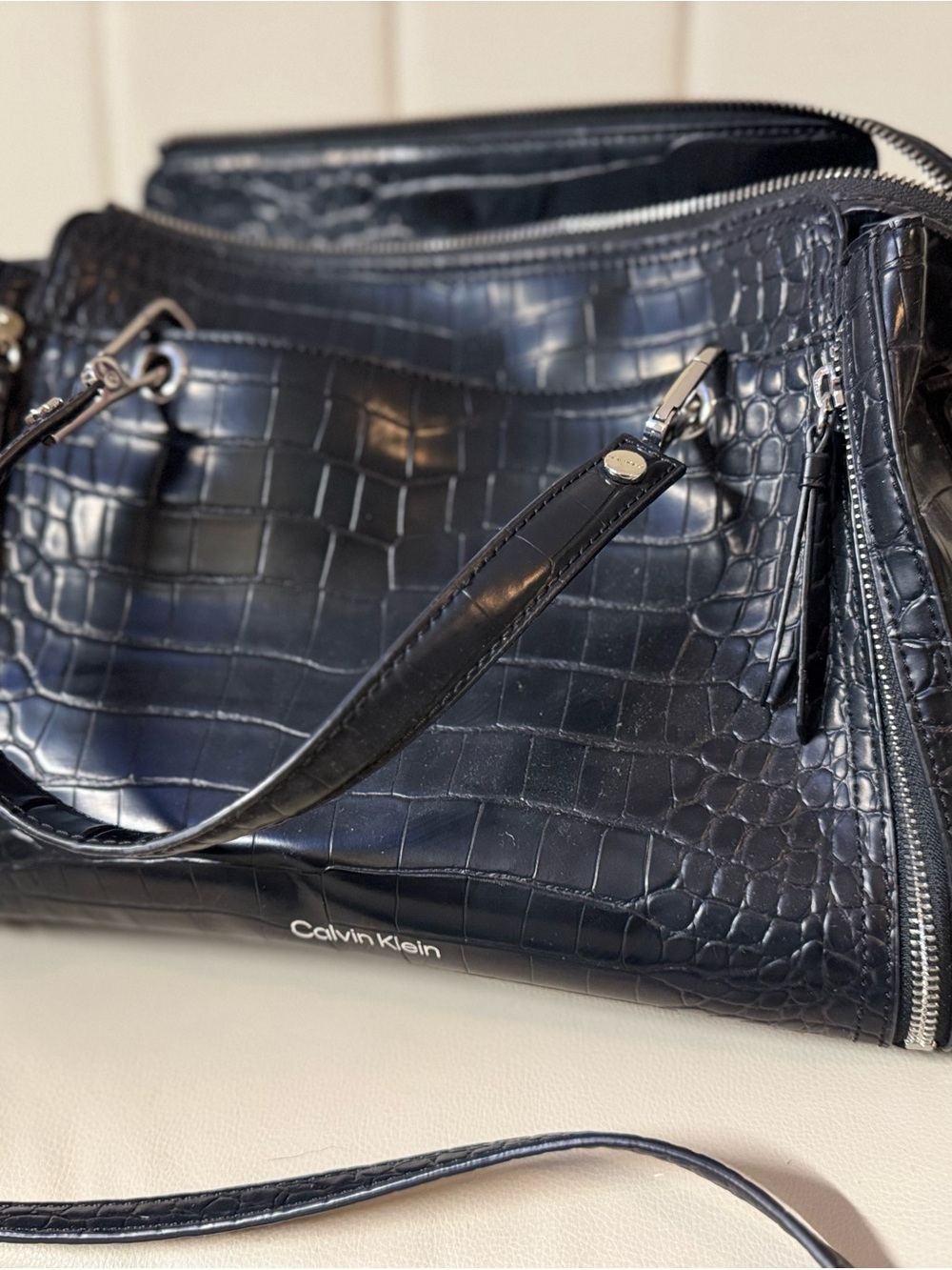Calvin Klein Navy Croc-Embossed Shoulder Bag